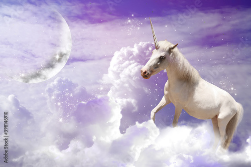 Wallpaper Mural Magic unicorn in fantastic sky with fluffy clouds and crescent