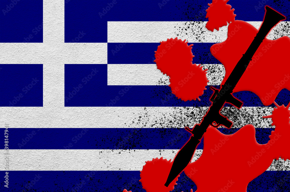 Greece flag and black RPG-7 rocket-propelled grenade launcher in red ...
