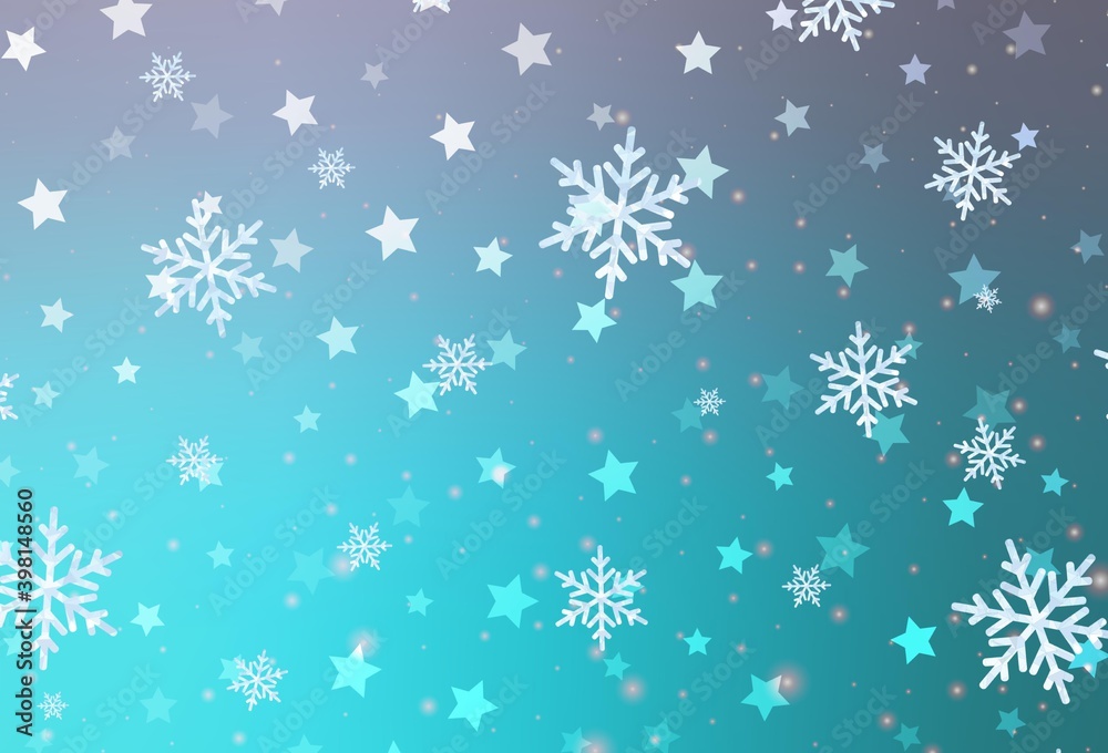Light Pink, Blue vector layout with bright snowflakes, stars.