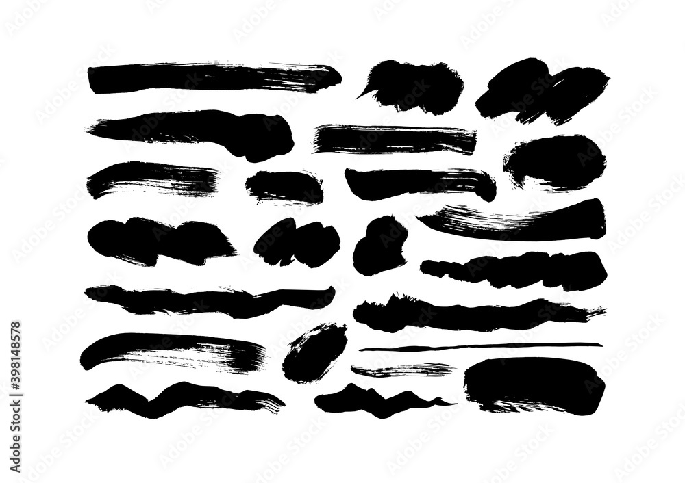 Vector black paint, ink brush strokes and lines. Dirty grunge design element, box or background for text. Grungy black smears and rough stains, lines. Hand drawn ink illustration isolated on white