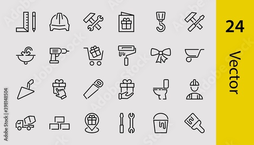 Set of construction icons, simple vector lines, contains the following icons: builder, roller, hammer with wrench, toilet bowl and much more. Editable stroke. 48x48 pixels perfect, white background