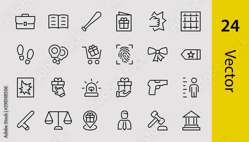 Court, Law and Justice Icon Set contains such icons as Law, Police, Prison, Handcuffs, Pistol, Editable stroke. Modern subtle symbols