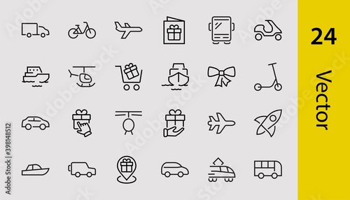 Set of public transport related vector line icons. Contains icons such as bus, bike, suitcase, car, scooter, truck, transport, trolley bus, sailboat, motor boat, plane and much more. Editable stroke