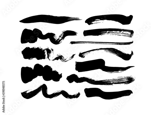 Black paint wavy and straight brush strokes vector collection. Dirty curved lines and wavy brushstrokes. Ink illustration isolated on white background. Modern grunge brush lines. Calligraphy smears.