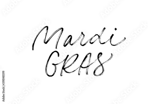 Mardi Gras handwritten lettering for carnival. Modern line calligraphy  cursive script. Vector logo with black hand drawn lettering isolated in white. For greeting card  banner  gift packaging  poster