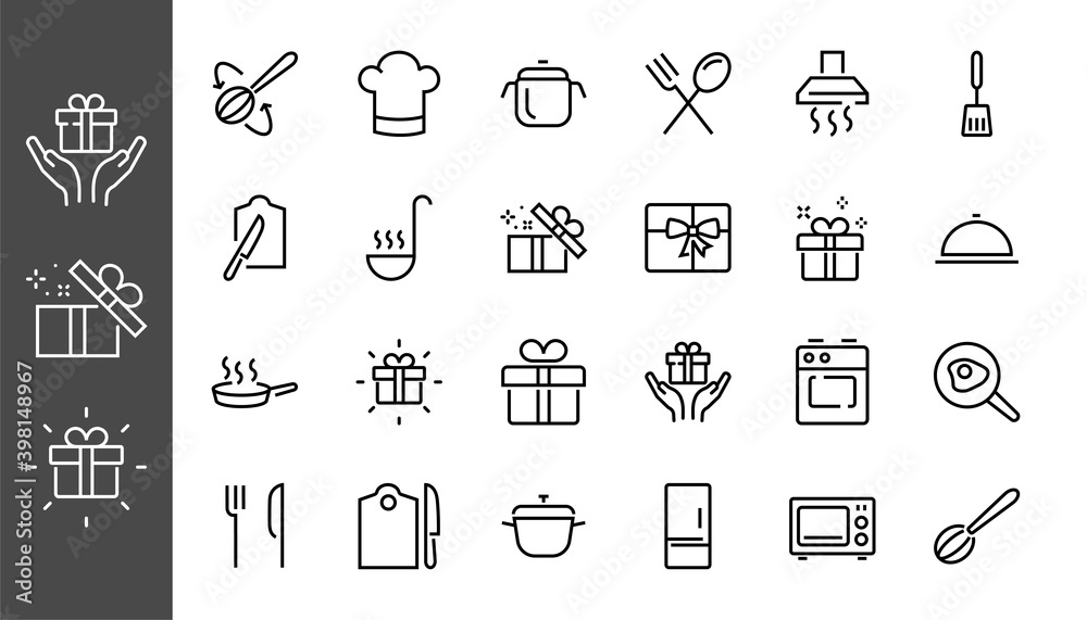 Set of cooking and kitchen icons, Vector lines, contains icons such as frying pan, frying, microwave, fork with spoon, Editable stroke, perfect 480x480 pixels, white background.