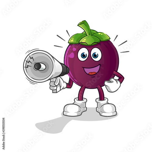  mangosteen holding hand loudspeakers vector. cartoon character