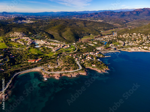 Agay scenic and panoramic Aerial view at the coastline and beaches at sunset in the French Riviera, Côte d'Azur, France