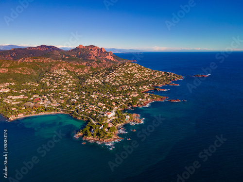 Agay Bay la Baumette and Anthéor with the Massif de l'Esterel scenic and panoramic Aerial view at sunset in the French Riviera, Côte d'Azur, France