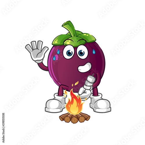 mangosteen roasting marshmallows character. cartoon mascot vector