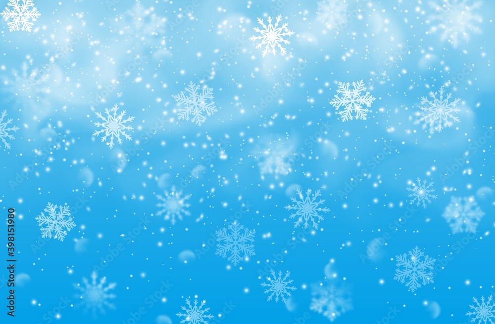 Snow and snowflakes on blue background, vector Christmas or Xmas holidays. Winter snowfall effect of falling white snow flakes and shining cold ice, New Year snowstorm or blizzard realistic backdrop