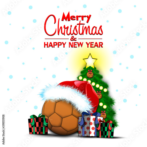 Merry Christmas and Happy New Year. Handball ball, Christmas tree and  gift boxes. Snowflakes on the background. Greeting card design template with for new year.  Vector illustration
