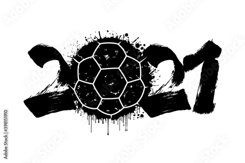 Abstract numbers 2021 and handball ball made of blots in grunge style. 2021 New Year on an isolated background. Design pattern. Vector illustration