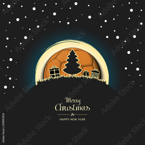 Merry Christmas and Happy New year. Christmas tree with boxes of gifts on a background of the handball ball and snow. Minimalistic pattern for graphic design greeting card. Vector illustration