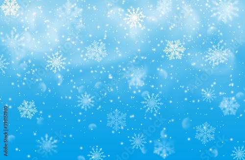 Snow and snowflakes on blue background, vector Christmas or Xmas holidays. Winter snowfall effect of falling white snow flakes and shining cold ice, New Year snowstorm or blizzard realistic backdrop