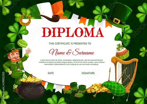 Kids diploma template, Patricks day vector leprechaun, pot with gold coins and neck tie, celtic party frame template with shamrock. Bagpipe, smoking pipe, and lucky horseshoe with cupcake certificate