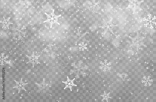 Snow transparent background, Christmas vector design. White snowflakes of Xmas and New Year winter holidays, snowfall effect of falling snow flakes with texture of ice and frost, cold snowy weather