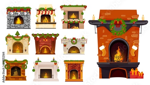 Christmas fireplace cartoon vector set of Xmas holiday fire places with Christmas tree wreaths, Santa stocking socks and gifts, holly berry garlands, balls and candles. Winter holiday room interior
