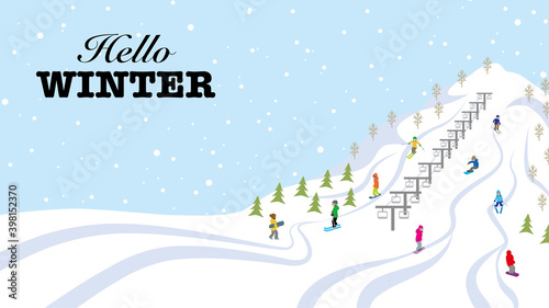 People enjoying winter sports in winter mountain - included greeting words "Hello WINTER"