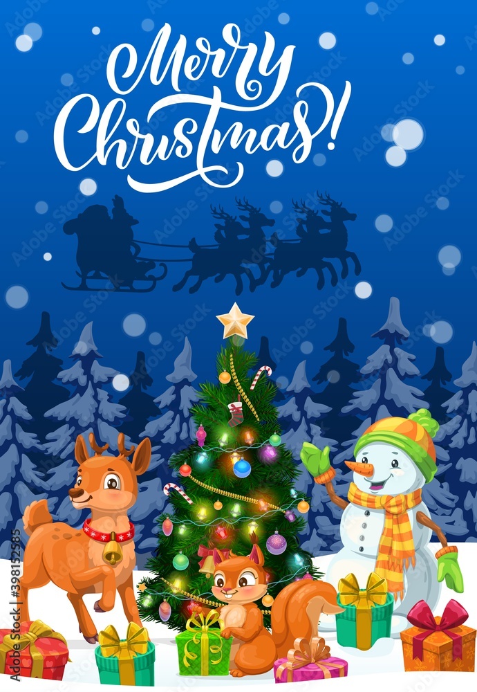 Fototapeta premium Merry Christmas vector greeting card with Santa Xmas sleigh, snowman and animals. Christmas tree, gifts and reindeer, present boxes, snow and stars, sock, candies and balls, lights and squirrel