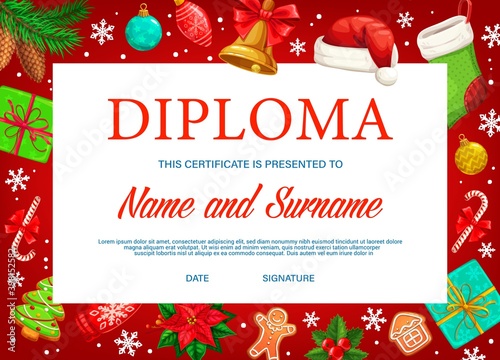 Education diploma or certificate with vector background frame of Christmas gifts. School graduation diploma award, certificate of achievement or appreciation with Xmas bell, present boxes and stocking