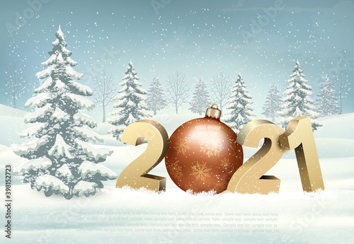 Merry Christmas and New Year Holiday landscape background with a 2021 and a bauble. Vector.