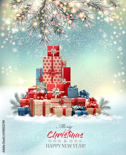 Merry Christmas and Happy New Year holiday light background with christmas tree made out of gift boxes and presents. Vector.