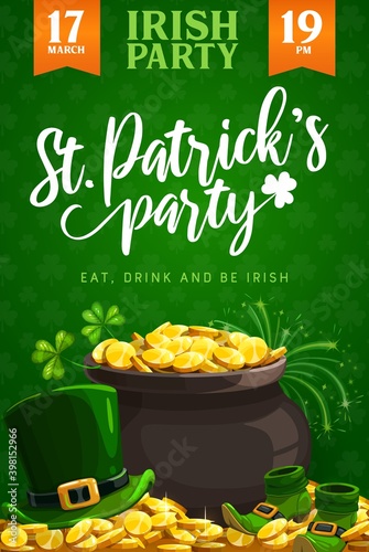 St. Patricks Day party vector flyer or poster of Irish religion holiday. Leprechaun treasure pot with gold, green clover leaves and lucky shamrock, golden coins, hat and shoes, Irish pub party design