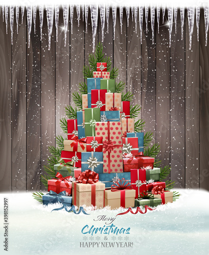 Merry Christmas and Happy New Year holiday wooden background with christmas tree made out of colorful presents. Vector.