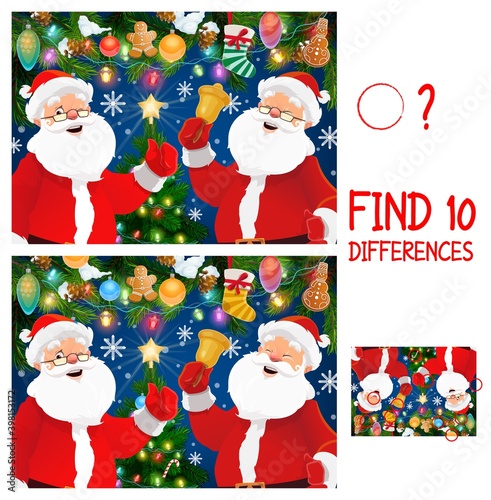 Christmas vector game of find or spot differences with Santa cartoon characters. Children education mind game, puzzle or worksheet template with Claus, Christmas tree and bell, Xmas stocking and snow