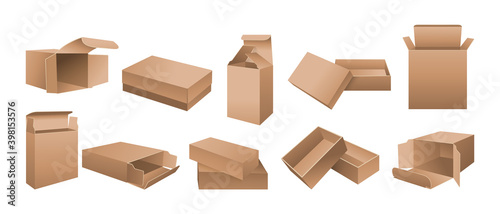 Box 3D mockup realistic cardboard set. Opened, closed paper package, design or branding. Template blank realistic product packaging gift boxes collection. Vector for medicine, food, cosmetic