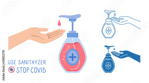Antibacterial, antiviral bottle gel, hand soap set, cartoon linear and glyph style. Stop Coronavirus. Washing hands, antibacterial soap use sanitary antiseptic. Vector illustration