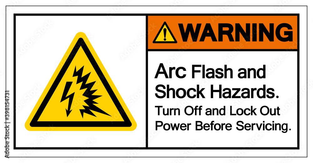 Warning Arc Flash and Shock Hazard Turn Off and Lock Out Power Before Serviceing Symbol Sign, Vector Illustration, Isolate On White Background Label .EPS10 Warning Arc Flash and Shock Hazard Turn Off and Lock Out Power Before Serviceing Symbol Sign, Vector Illustration, Isolate On White Background Label .EPS10