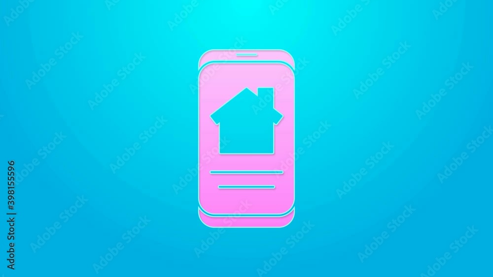 Pink line Online real estate house on smartphone icon isolated on blue background. Home loan concept, rent, buy, buying a property. 4K Video motion graphic animation Pink line Online real estate house on smartphone icon isolated on blue background. Home loan concept, rent, buy, buying a property. 4K Video motion graphic animation