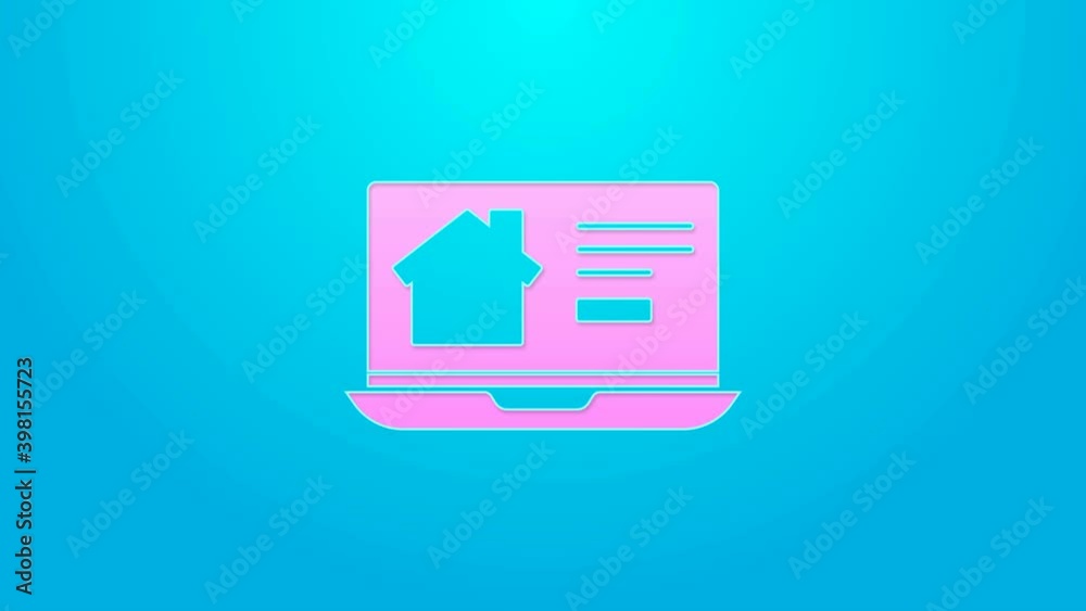 Pink line Online real estate house on laptop icon isolated on blue background. Home loan concept, rent, buy, buying a property. 4K Video motion graphic animation Pink line Online real estate house on laptop icon isolated on blue background. Home loan concept, rent, buy, buying a property. 4K Video motion graphic animation