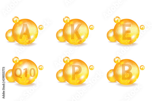 Vitamin A, K, E, Q10, P, B. Vitamin complex. Icon set. Vector illustration.  Vitamins group set. Healthy life concept