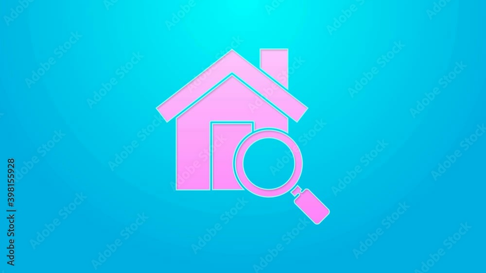 Pink line Search house icon isolated on blue background. Real estate symbol of a house under magnifying glass. 4K Video motion graphic animation Pink line Search house icon isolated on blue background. Real estate symbol of a house under magnifying glass. 4K Video motion graphic animation
