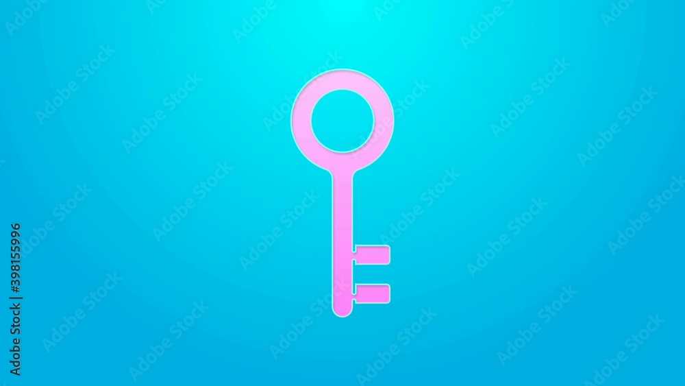Pink line House key icon isolated on blue background. 4K Video motion graphic animation