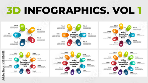 3D Vector Perspective Infographics Pack. Cycle diagrams.Presentation slide template. Circle columns with shadows.