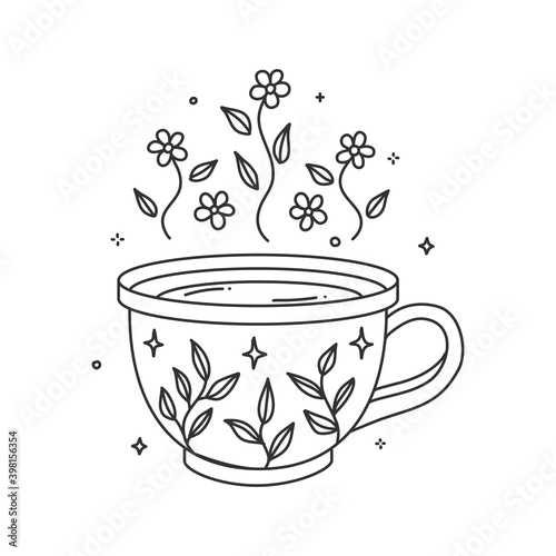 Coloring Book Pages hygge Cups tea or Cozy coffee Mug with floral pattern and different flowers plant ornaments art print elements vector illustration.