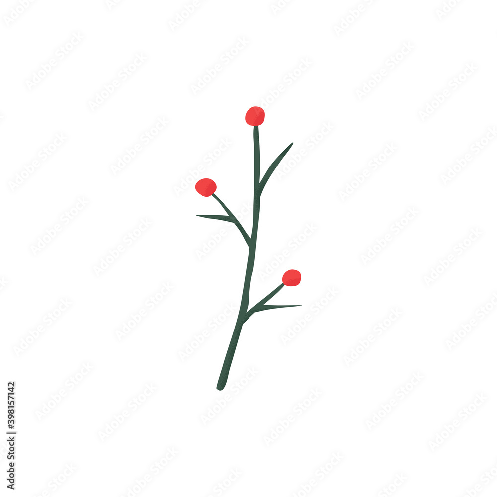 Hand drawn flat vector cartoon style illustration. Holly tree, mistletoe or ilex berries on branch. Elements cards, banners of presentation decoration design symbol.