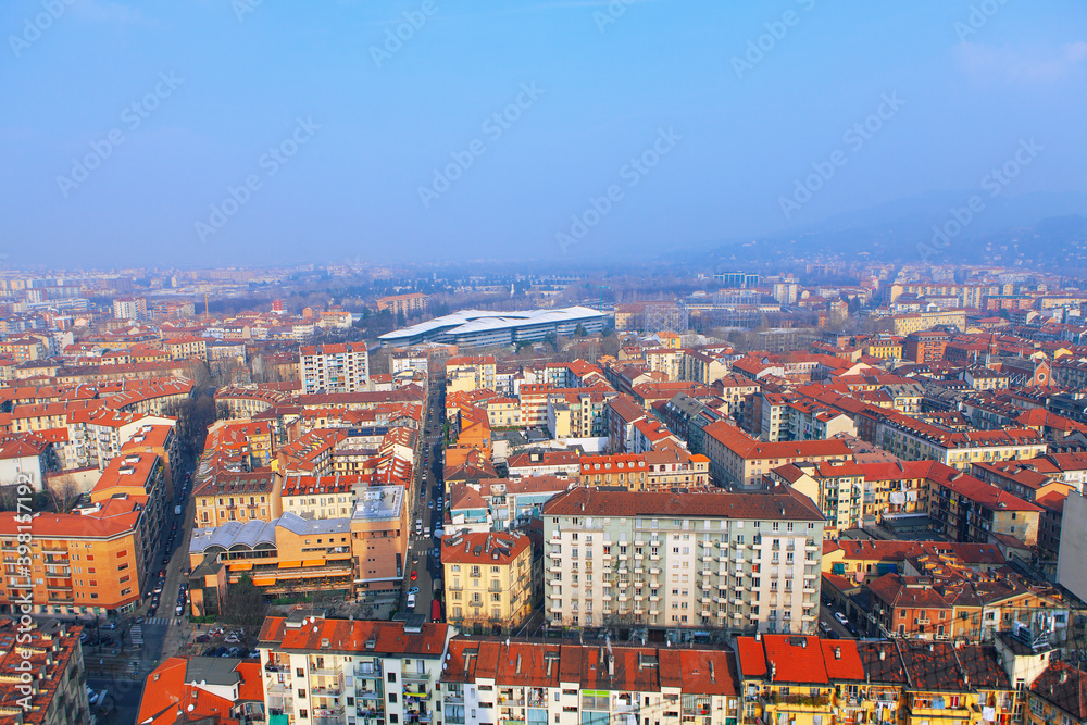 Torino rooftops aerial view . Panoramic view of italian city 