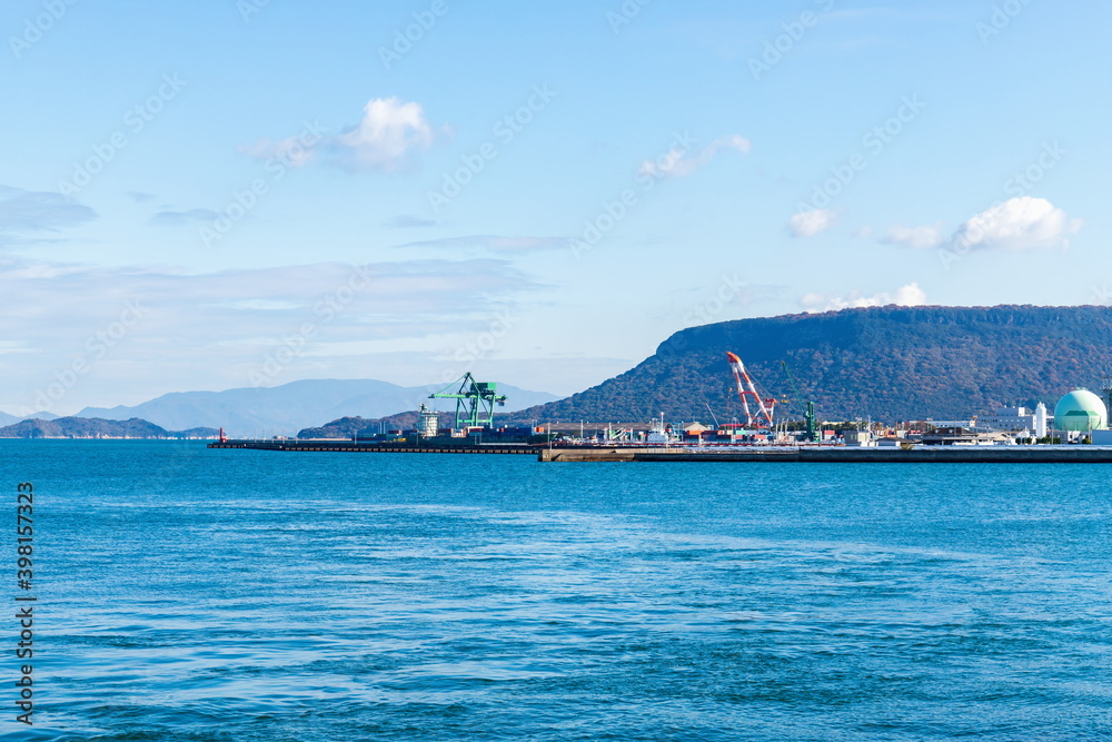 Landscape of Takamatsu port and Yashima in Takamatsu city, Kagawa, Shikoku, Japan	