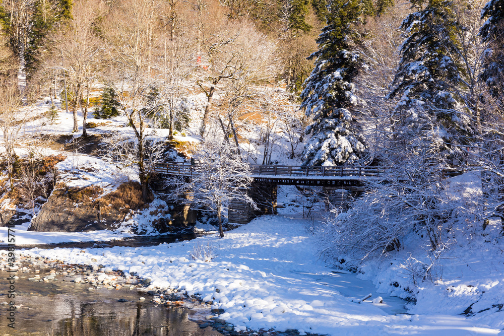 Fototapeta premium Beautiful sunny winter landscape at Caucasus mountains.