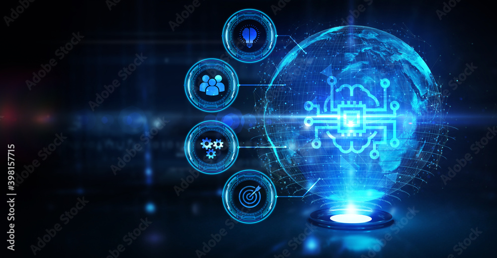 Artificial intelligence (AI), machine learning and modern computer technologies concepts. Business, Technology, Internet and network concept. Artificial intelligence (AI), machine learning and modern computer technologies concepts. Business, Technology, Internet and network concept.