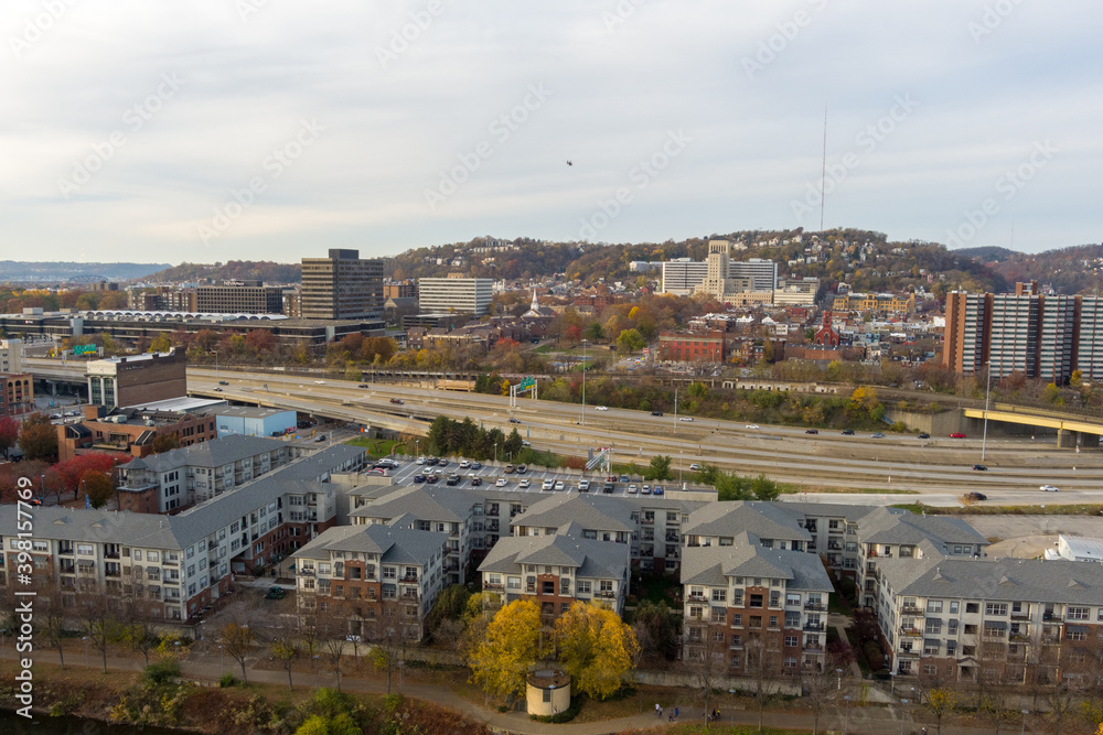 Aerial view of Pittsburgh, Pennsylvania's North Side. The North Shore neighborhood is in the foreground.