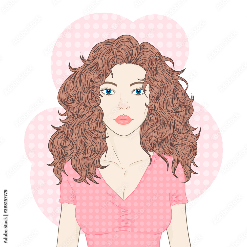 Vector illustration of a beautiful young woman with long flowing hair on a white background. Color image.
