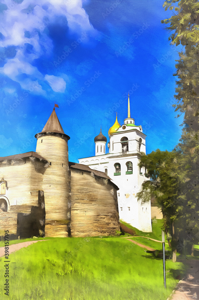 Summer view on Pskov Kremlin colorful painting, Pskov, Russia Summer view on Pskov Kremlin colorful painting, Pskov, Russia