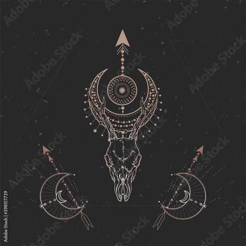 Vector illustration with hand drawn Roe deer skull and Sacred geometric symbol on black vintage background. Abstract mystic sign. Gold linear shape. 