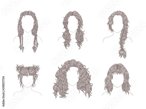 Vector set of six different women hairstyles. Sketch style illustration. Hand drawn. Isolated on white background.